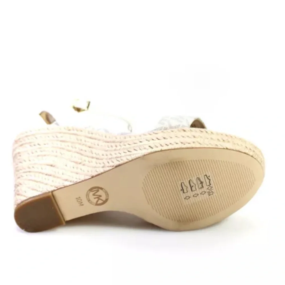Michael Kors “Kimberly” MK logo beige vanilla wedge espadrille sandals 10